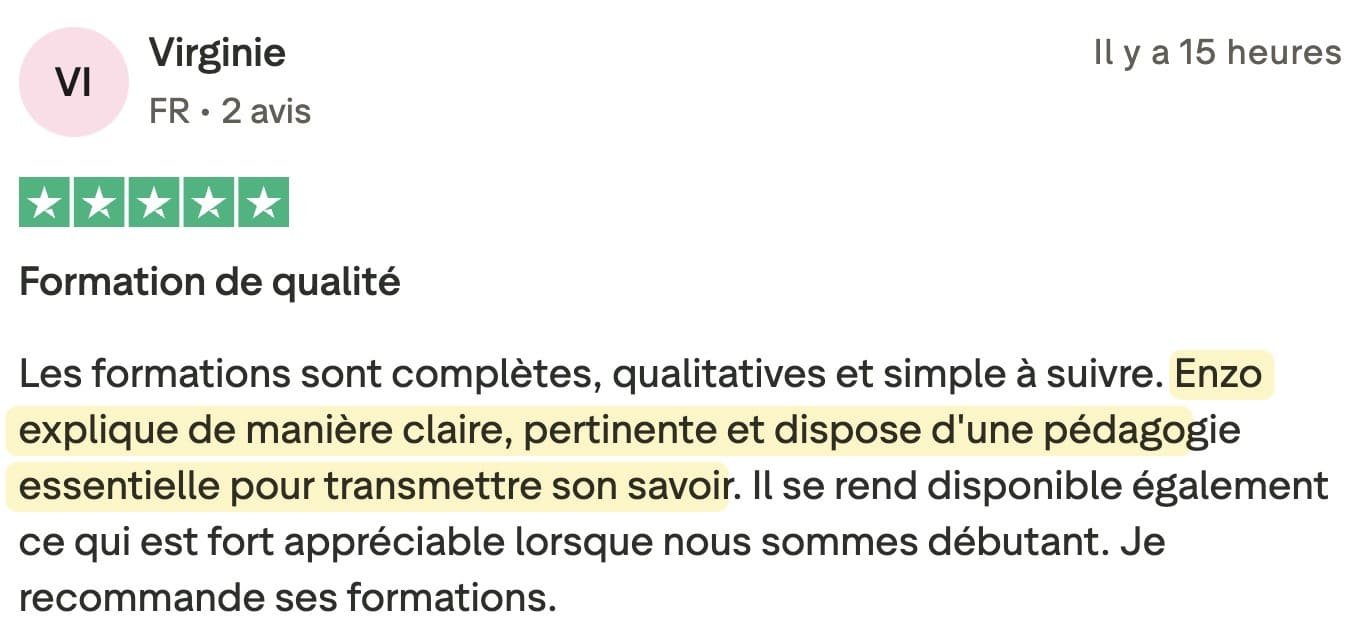 Avis 5 étoiles de Virginie sur Trustpilot : Formation de qualité